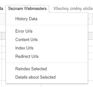 The Seznam Webmaster menu in Google Sheets