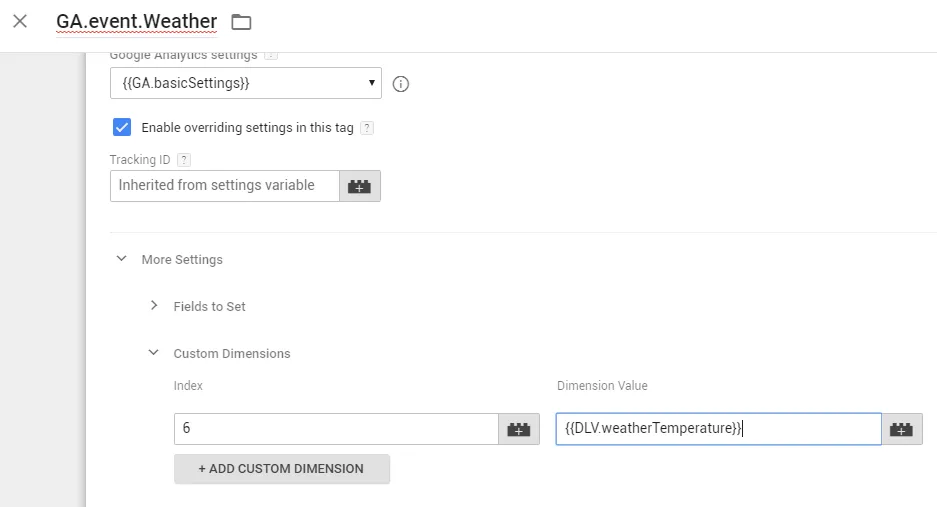 Custom Dimension setting in the GA.event.Weather tag
