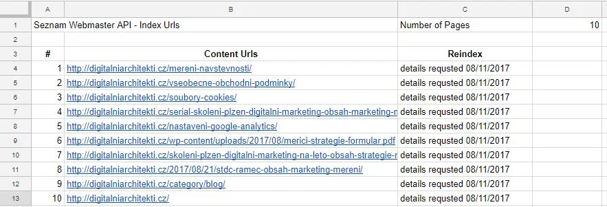 Example of Seznam Webmaster data in Google Docs