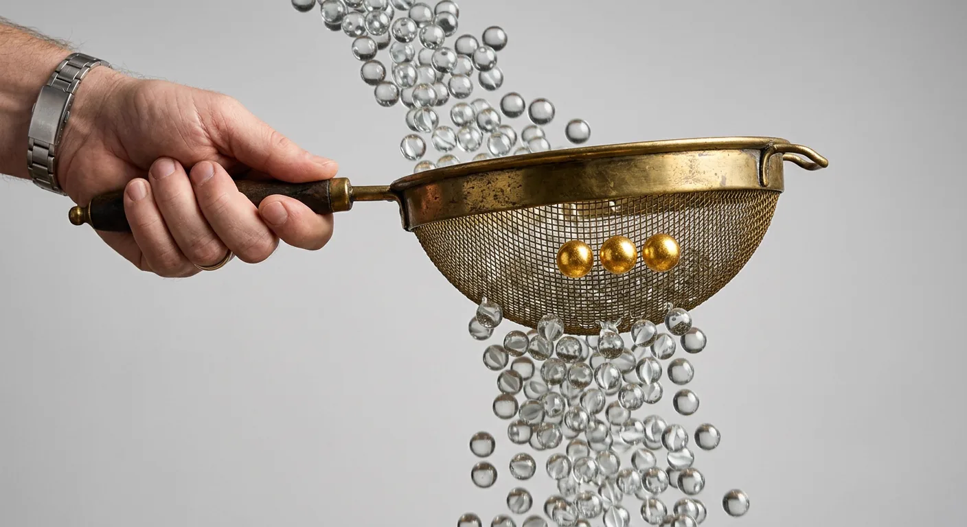 Lead scoring — glass beads falling through a metal sieve, only the golden grains remain