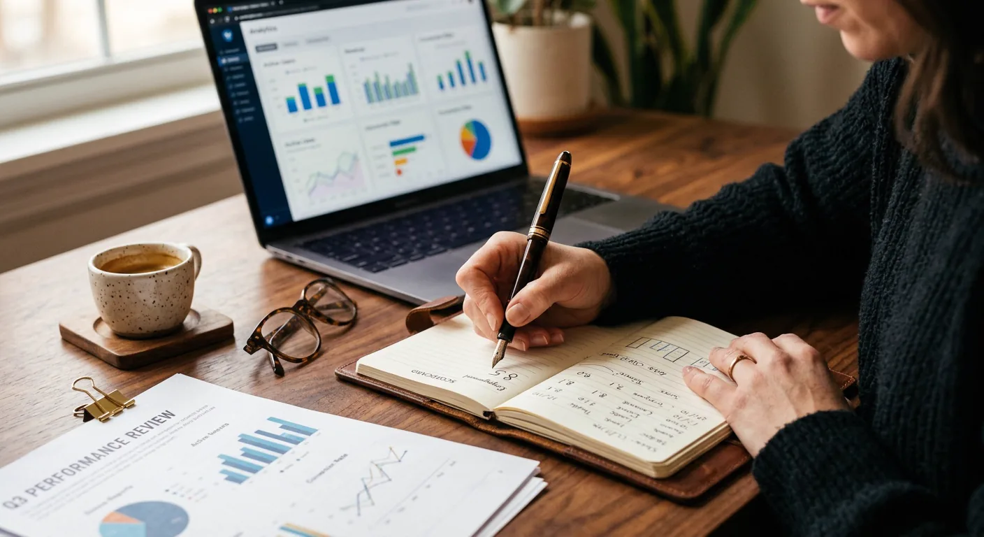 Lead scoring — an analyst’s hand writing scoring values into a notebook, with a laptop showing an analytics dashboard in the background
