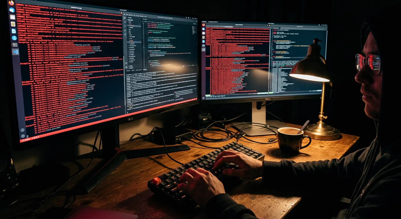 E-shop technical debt — a developer at night in front of two monitors full of red error messages
