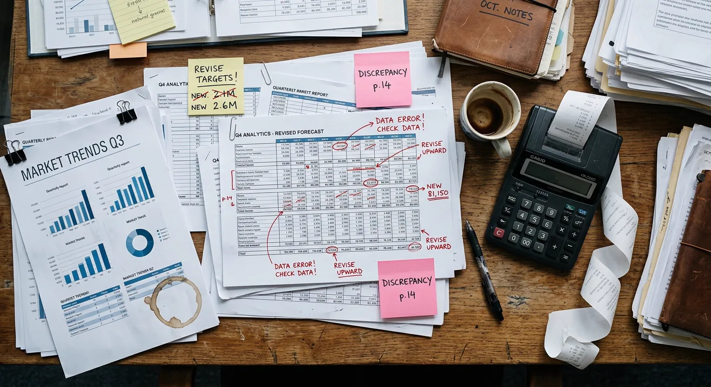 Technical debt — messy printed reports with conflicting numbers, manual corrections and a coffee stain